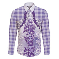 Aloha Hawaii Palaka Family Matching Long Sleeve Bodycon Dress and Hawaiian Shirt Purple Plumeria Lei - Polynesian Pride