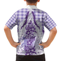 Aloha Hawaii Palaka Family Matching Off The Shoulder Long Sleeve Dress and Hawaiian Shirt Purple Plumeria Lei - Polynesian Pride