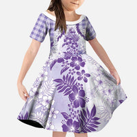Aloha Hawaii Palaka Family Matching Off The Shoulder Long Sleeve Dress and Hawaiian Shirt Purple Plumeria Lei - Polynesian Pride