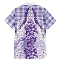 Aloha Hawaii Palaka Family Matching Off The Shoulder Long Sleeve Dress and Hawaiian Shirt Purple Plumeria Lei - Polynesian Pride