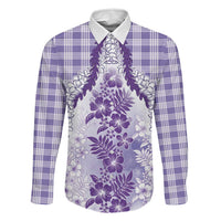Aloha Hawaii Palaka Family Matching Off The Shoulder Long Sleeve Dress and Hawaiian Shirt Purple Plumeria Lei - Polynesian Pride