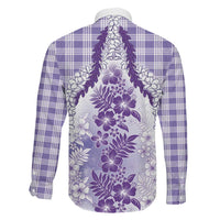 Aloha Hawaii Palaka Family Matching Off The Shoulder Long Sleeve Dress and Hawaiian Shirt Purple Plumeria Lei - Polynesian Pride