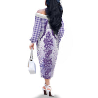 Aloha Hawaii Palaka Family Matching Off The Shoulder Long Sleeve Dress and Hawaiian Shirt Purple Plumeria Lei - Polynesian Pride