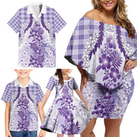 Aloha Hawaii Palaka Family Matching Off Shoulder Short Dress and Hawaiian Shirt Purple Plumeria Lei LT05 - Polynesian Pride