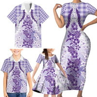 Aloha Hawaii Palaka Family Matching Short Sleeve Bodycon Dress and Hawaiian Shirt Purple Plumeria Lei - Polynesian Pride