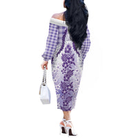 Aloha Hawaii Palaka Off The Shoulder Long Sleeve Dress Purple Plumeria Lei - Polynesian Pride