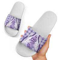 Aloha Hawaii Palaka Slide Sandals Purple Plumeria Lei - Polynesian Pride