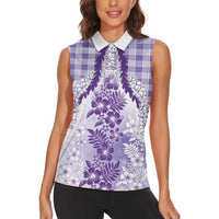 Aloha Hawaii Palaka Women Sleeveless Polo Shirt Purple Plumeria Lei - Polynesian Pride