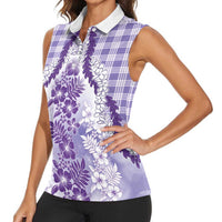 Aloha Hawaii Palaka Women Sleeveless Polo Shirt Purple Plumeria Lei - Polynesian Pride