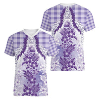 Aloha Hawaii Palaka Women V-Neck T-Shirt Purple Plumeria Lei - Polynesian Pride