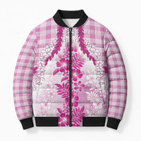 Aloha Hawaii Palaka Bomber Puffer Jacket Pink Plumeria Lei - Polynesian Pride