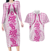 Aloha Hawaii Palaka Couples Matching Long Sleeve Bodycon Dress and Hawaiian Shirt Pink Plumeria Lei LT05 Pink - Polynesian Pride