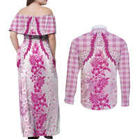 Aloha Hawaii Palaka Couples Matching Off Shoulder Maxi Dress and Long Sleeve Button Shirt Pink Plumeria Lei - Polynesian Pride