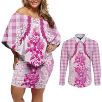 Aloha Hawaii Palaka Couples Matching Off Shoulder Short Dress and Long Sleeve Button Shirt Pink Plumeria Lei - Polynesian Pride