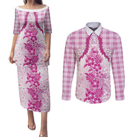 Aloha Hawaii Palaka Couples Matching Puletasi and Long Sleeve Button Shirt Pink Plumeria Lei LT05 Pink - Polynesian Pride