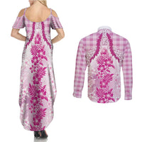 Aloha Hawaii Palaka Couples Matching Summer Maxi Dress and Long Sleeve Button Shirt Pink Plumeria Lei - Polynesian Pride