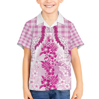 Aloha Hawaii Palaka Family Matching Off The Shoulder Long Sleeve Dress and Hawaiian Shirt Pink Plumeria Lei - Polynesian Pride