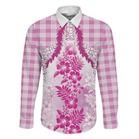 Aloha Hawaii Palaka Family Matching Off Shoulder Maxi Dress and Hawaiian Shirt Pink Plumeria Lei LT05 Dad's Shirt - Long Sleeve Pink - Polynesian Pride