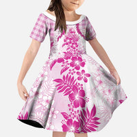 Aloha Hawaii Palaka Family Matching Short Sleeve Bodycon Dress and Hawaiian Shirt Pink Plumeria Lei LT05 Daughter's Dress Pink - Polynesian Pride
