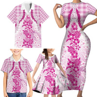 Aloha Hawaii Palaka Family Matching Short Sleeve Bodycon Dress and Hawaiian Shirt Pink Plumeria Lei - Polynesian Pride