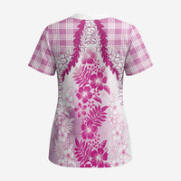 Aloha Hawaii Palaka Scrub Top Pink Plumeria Lei - Polynesian Pride