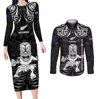 Custom New Zealand Maori Taiaha Couples Matching Long Sleeve Bodycon Dress and Long Sleeve Button Shirt Tiki Warrior Black LT05 Black - Polynesian Pride