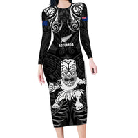 Custom New Zealand Maori Taiaha Family Matching Long Sleeve Bodycon Dress and Hawaiian Shirt Tiki Warrior Black LT05 Mom's Dress Black - Polynesian Pride