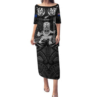 Custom New Zealand Maori Taiaha Puletasi Tiki Warrior Black LT05 Long Dress Black - Polynesian Pride