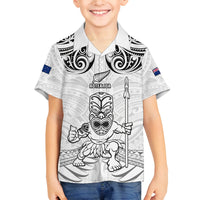 Custom New Zealand Maori Taiaha Family Matching Puletasi and Hawaiian Shirt Tiki Warrior White LT05 Son's Shirt White - Polynesian Pride