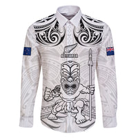 Custom New Zealand Maori Taiaha Family Matching Short Sleeve Bodycon Dress and Hawaiian Shirt Tiki Warrior White LT05 Dad's Shirt - Long Sleeve White - Polynesian Pride