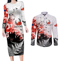 Kei Wareware Tatou New Zealand ANZAC Day Couples Matching Long Sleeve Bodycon Dress and Long Sleeve Button Shirt Lest We Forget LT05 White - Polynesian Pride