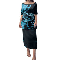 New Zealand Valentine Family Matching Puletasi and Hawaiian Shirt Aroha Cyan Piwakawaka