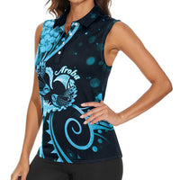 New Zealand Valentine Women Sleeveless Polo Shirt Aroha Cyan Piwakawaka