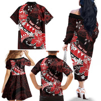 Personalised Hawaii Valentine Day Family Matching Off The Shoulder Long Sleeve Dress and Hawaiian Shirt Polynesian Hibiscus Art Style Red