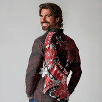 Personalised Hawaii Valentine Day Long Sleeve Polo Shirt Polynesian Hibiscus Art Style Red