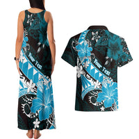 Personalised Hawaii Valentine Day Couples Matching Tank Maxi Dress and Hawaiian Shirt Polynesian Hibiscus Art Style Turquoise