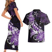 Personalised Hawaii Valentine Day Couples Matching Short Sleeve Bodycon Dress and Hawaiian Shirt Polynesian Hibiscus Art Style Purple
