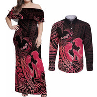 Alofa Samoa Valentine Red Couples Matching Off Shoulder Maxi Dress and Long Sleeve Button Shirt Love Is The Greatest Thing LT05 Red - Polynesian Pride