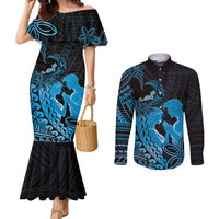 Alofa Samoa Valentine Blue Couples Matching Mermaid Dress and Long Sleeve Button Shirt Love Is The Greatest Thing LT05 Blue - Polynesian Pride