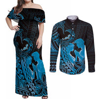 Alofa Samoa Valentine Blue Couples Matching Off Shoulder Maxi Dress and Long Sleeve Button Shirt Love Is The Greatest Thing LT05 Blue - Polynesian Pride