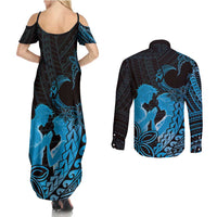 Alofa Samoa Valentine Blue Couples Matching Summer Maxi Dress and Long Sleeve Button Shirt Love Is The Greatest Thing LT05 - Polynesian Pride