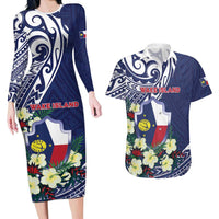 Personalised Wake Island Couples Matching Long Sleeve Bodycon Dress and Hawaiian Shirt Tribal Pattern With Hibiscus Flowers