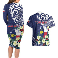 Personalised Wake Island Couples Matching Long Sleeve Bodycon Dress and Hawaiian Shirt Tribal Pattern With Hibiscus Flowers