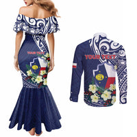 Personalised Wake Island Couples Matching Mermaid Dress and Long Sleeve Button Shirt Tribal Pattern With Hibiscus Flowers