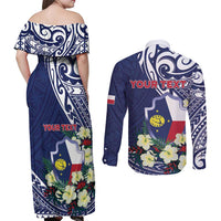Personalised Wake Island Couples Matching Off Shoulder Maxi Dress and Long Sleeve Button Shirt Tribal Pattern With Hibiscus Flowers