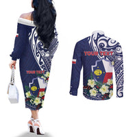 Personalised Wake Island Couples Matching Off The Shoulder Long Sleeve Dress and Long Sleeve Button Shirt Tribal Pattern With Hibiscus Flowers