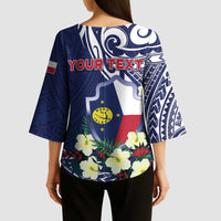 Personalised Wake Island Kimono Sleeve Blouse Tribal Pattern With Hibiscus Flowers