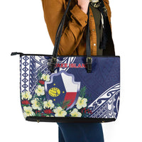 Wake Island Leather Tote Bag Tribal Pattern With Hibiscus Flowers