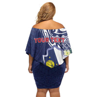 Personalised Wake Island Off Shoulder Short Dress Tribal Pattern With Hibiscus Flowers