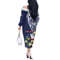 Personalised Wake Island Off The Shoulder Long Sleeve Dress Tribal Pattern With Hibiscus Flowers